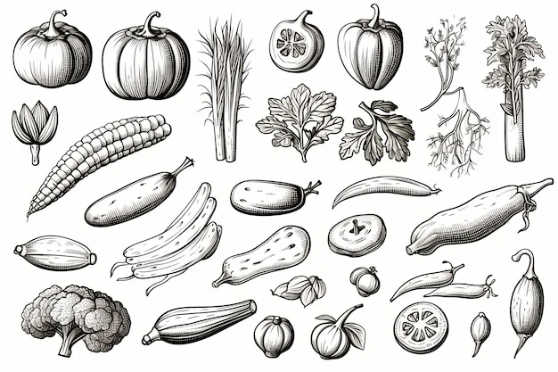 Foto set de iconos de arte de líneas de garabateo de verduras frescas e ilustración de clipart de alimentos saludables dibujados a mano sobre fondo blanco