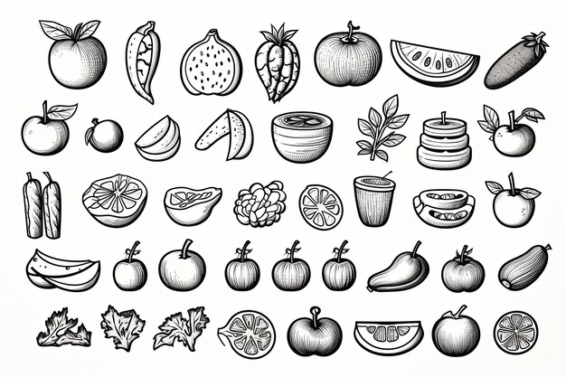 Foto set de iconos de arte de líneas de garabateo de verduras frescas e ilustración de clipart de alimentos saludables dibujados a mano sobre fondo blanco