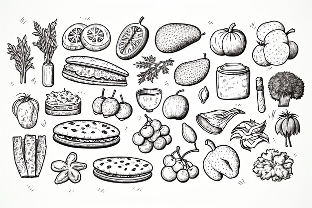 Set de iconos de arte de líneas de garabateo de verduras frescas e ilustración de clipart de alimentos saludables dibujados a mano sobre fondo blanco