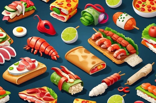 Set de iconos vectoriales de dibujos animados 3D de comida Rebanada de pizza taco sándwich de pavo asado verduras