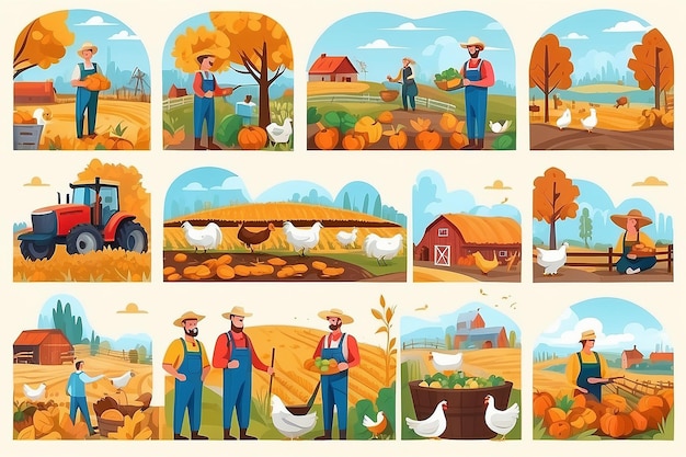 Set de ilustraciones vectoriales planas para la agricultura y la ganadería y la avicultura