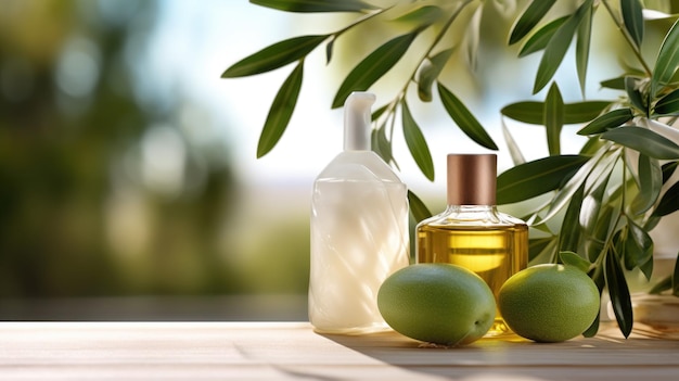 Set kosmetischer Produkte auf Naturhintergrund mit Olivenzweigen, erstellt mit generativer KI-Technologie