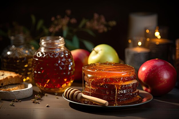 Set de mesa de manzanas de miel con comida tradicional para las vacaciones de Año Nuevo judío