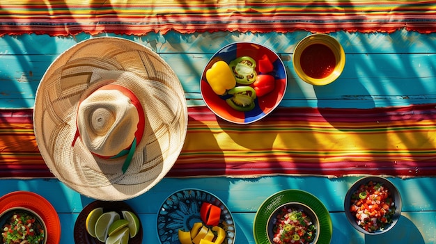 Foto set de mesa con platos de comida y cuencos de frutas