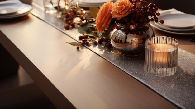 Set de mesa con platos, plata y flores de naranja