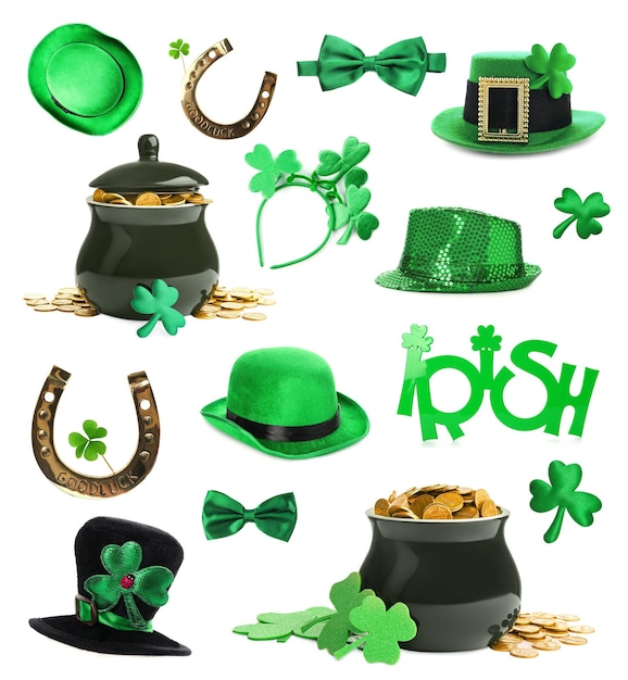 Set mit traditionellen Gegenständen für die Feier zum St. Patrick's Day auf weißem Hintergrund