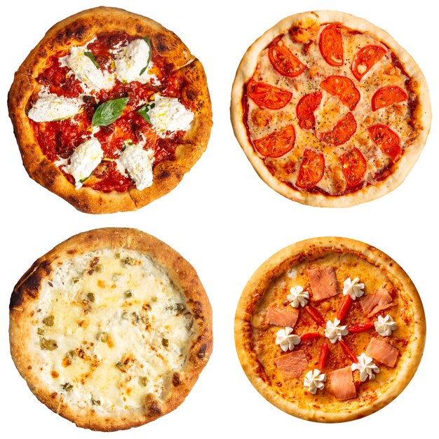 Set mit verschiedenen heißen Pizzas mit leckeren Belägen