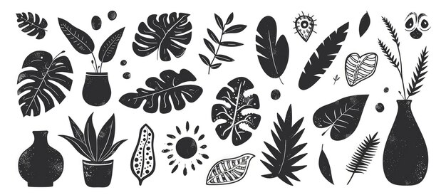 Foto set of abstract hand drawing tropical plant leaf shapes illustration ai generated image