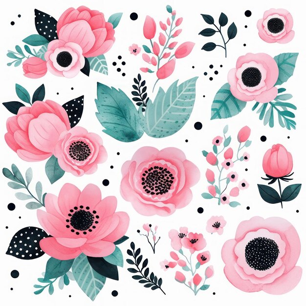 Foto set of cute hand drawn flowers leaves and berries vector illustration