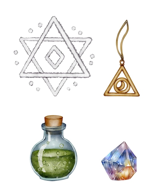 Set of glass bottle with green potion colorful crystal and alchemical triangle symbol with circles