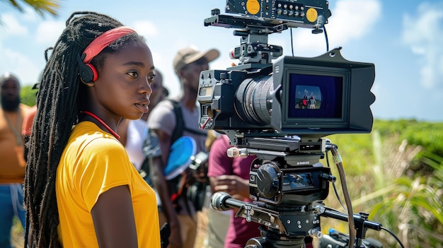 Foto un set de película con un equipo y un elenco que representan un amplio espectro de la sociedad trabajando en una historia que celebra la diversidad