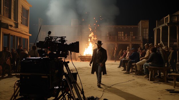 Foto un set de películas con un hombre en un sombrero alto caminando frente a un fuego ardiente