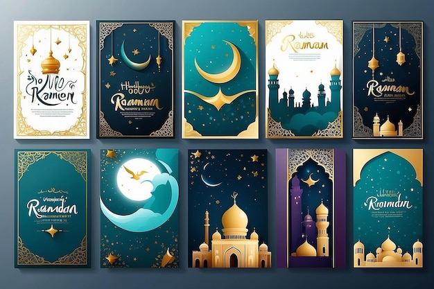 Set de tarjetas de felicitación islámicas de Ramadán Kareem para carteles de papel de pared y banderas de medios Ilustraciones vectoriales