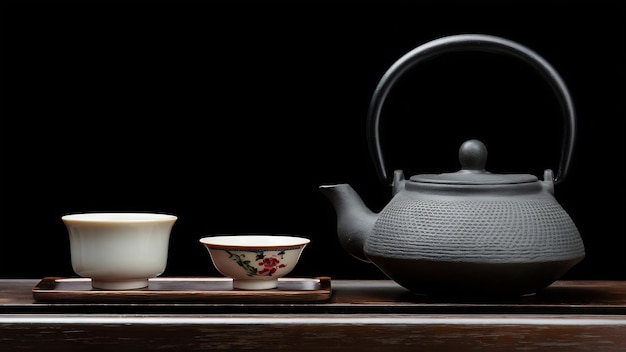 Set de té chino en la mesa de té chaban en fondo negro ceremonia de té china
