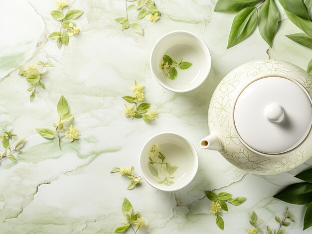 Foto set de té copas blancas y tetera té de hierbas verdes vista aérea con espacio para texto telón de fondo de la naturaleza