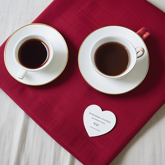 Set de té para el día de San Valentín con taza de café, pareja, corazones rojos y tarjeta de felicitación