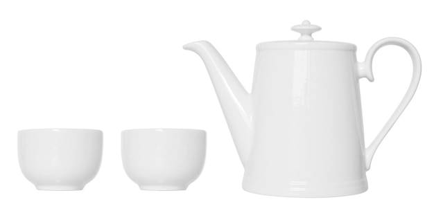 Set de té de porcelana blanca aislado sobre un fondo blanco