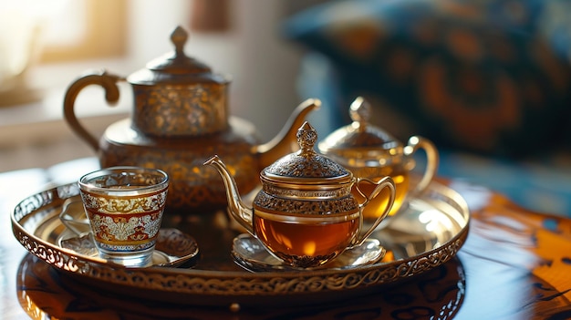 Set de té tradicional marroquí con una tetera decorativa