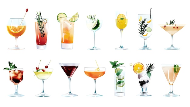 Set von 12 handgezeichneten Aquarell-Cocktail-Illustrationen