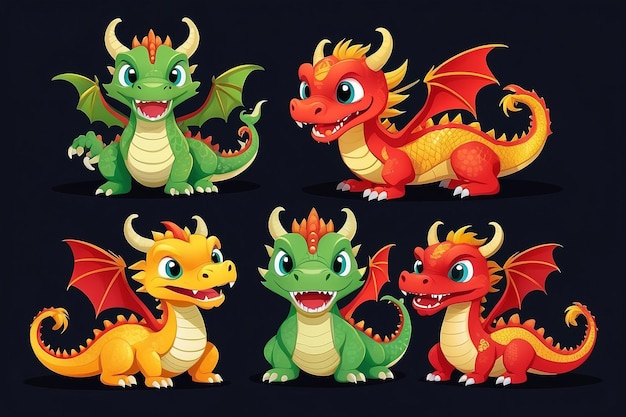 Set von 3 Zeichentrickfiguren-Drachen-Designs für das chinesische Neujahr 2024 Jahr des Drachen