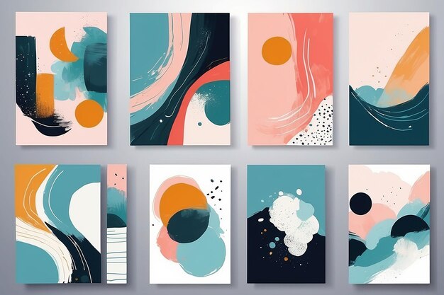 Set von abstrakten handgemalten Illustrationen für Wanddekoration, Postkarten und Banner für soziale Medien