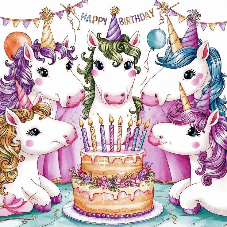 Foto set von aquarell-illustrationen von einhörnern, happy birthday-aufkleber