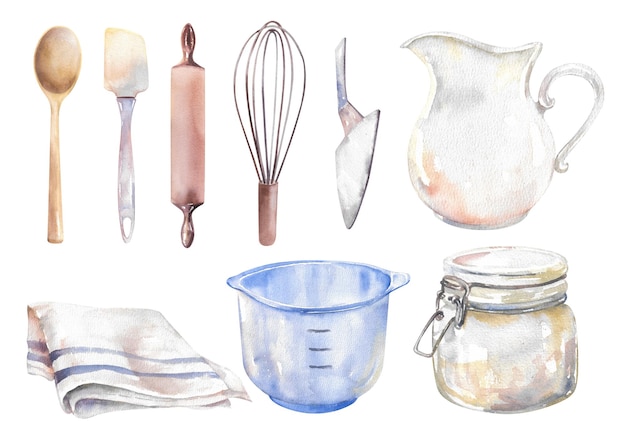 Set von Aquarell-Küchenwaren Hand ertrunkene Illustration auf weißem Hintergrund
