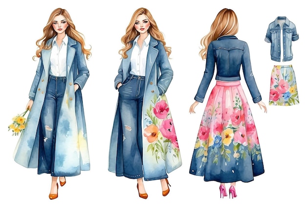 Set von Aquarell-Mädchen in Frühlings-Outfit Aquarellmädchen in Mantel und Jeans Maxi-Rucke mit Blumen