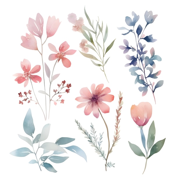 Foto set von aquarellblumen mit handgezeichneten blumenelementen vektorillustration