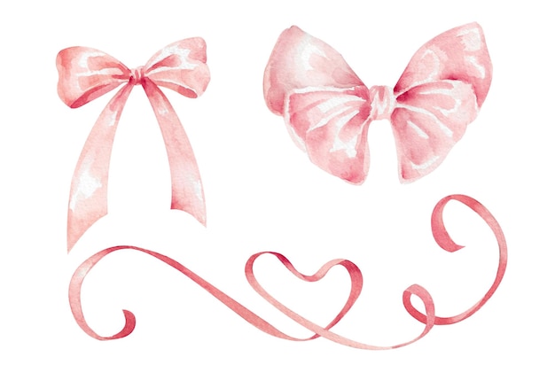 Set von aquarellfarbenen rosa Bändern und Bogen, handgezeichnete Illustrationen für Design auf weißem Hintergrund