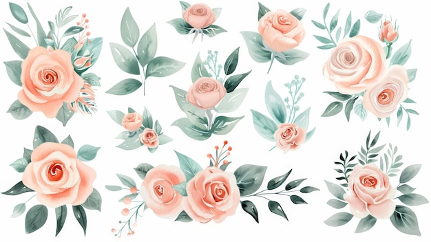 Set von Aquarellrosen und Blättern, handgemalt