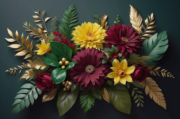 Set von Blumenarrangements, blumenfarbene grüne Blätter und goldene Blumenillustrationen für Hochzeitskarten