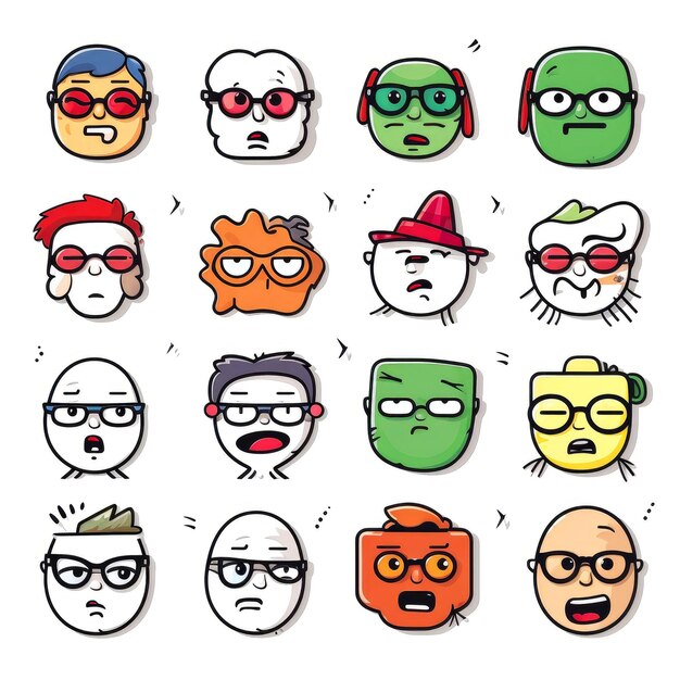 Foto set von cartoon-gesichtern gesichtsausdrücke gesicht emojis aufkleber emoticons cartoon lustige maskottchen charaktere