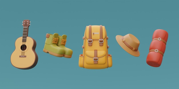 Set von Elementen für Camping mit Rucksack, Gitarre, Wanderschuhen und Hut, Sommercamp, Reise, Wandern, 3D-Rendering