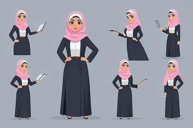 Foto set von geschäft arabische frau charakter mit hijab menschen charakter
