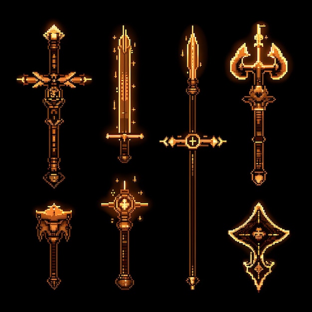 Set von Halberd Pixel Item mit mittelalterlichem Design und Lion Head und Fl Game Asset Tshirt Concept Art