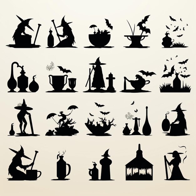 Foto set von halloween-silhouetten, symbolen und charakteren. vektorillustration