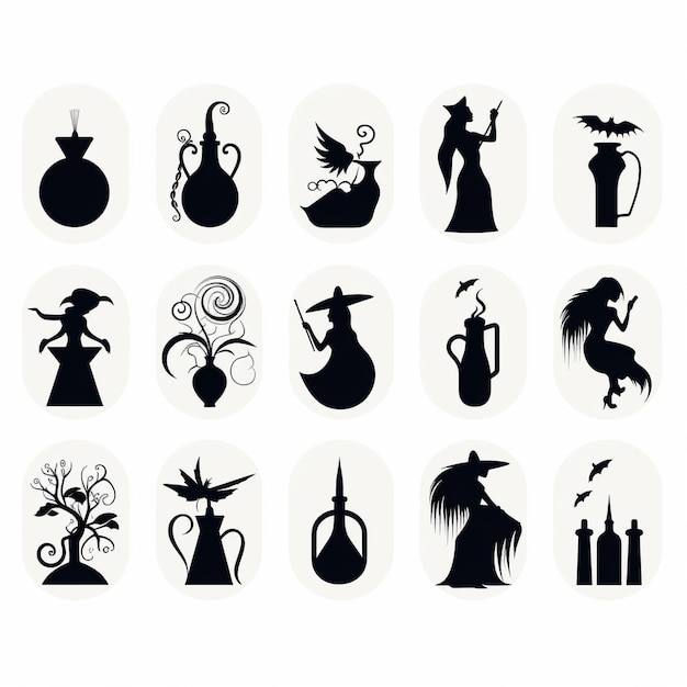 Foto set von halloween-silhouetten, symbolen und charakteren. vektorillustration