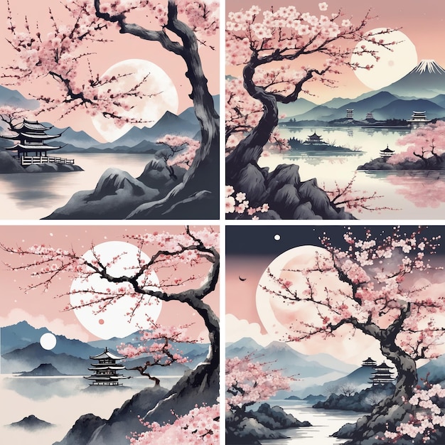 Set von Japan-Abendlandschaften mit Moon Watercolor handgemalte Illustration