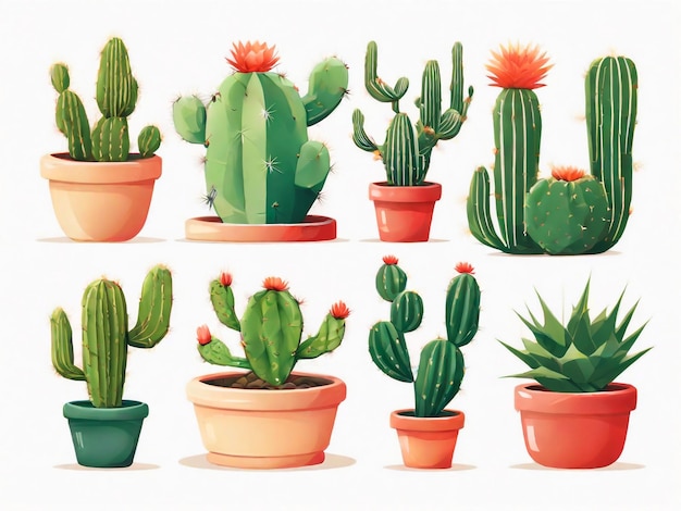 Set von Kaktus- und Sukkulentenpflanzen in Topf auf weißem Hintergrund