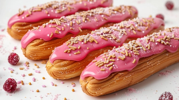 Set von köstlichen Eclairs mit rosa Himbeerglasur