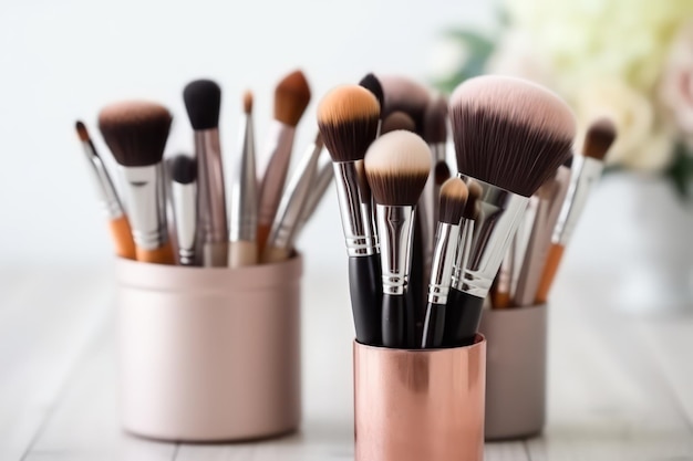 Set von kosmetischen Produkten für Make-up mit natürlichen Pinsel auf weißem Hintergrund