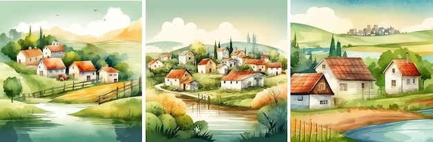 Set von ländlichen Häusern am Fluss Aquarell handgemalte Illustration