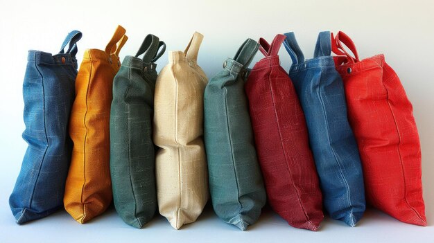 Set von leeren Taschen in verschiedenen Farben auf weißem Hintergrund Wiederverwendbar