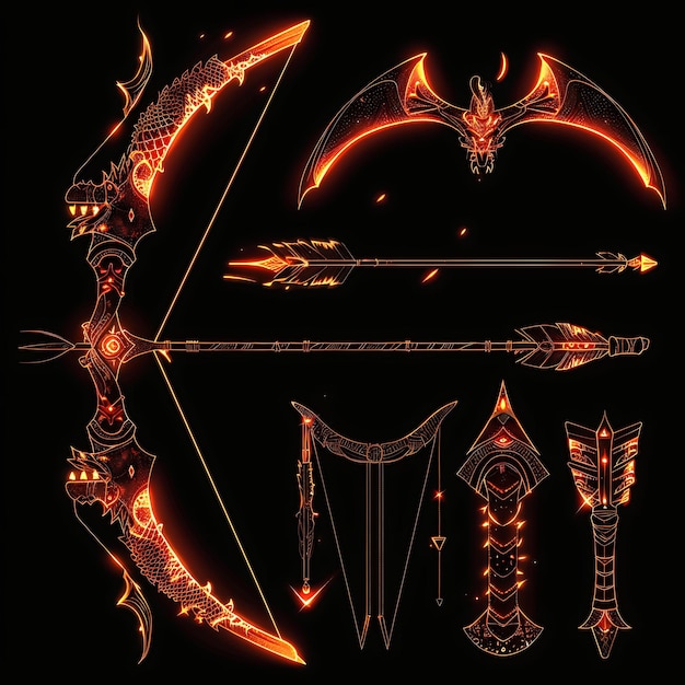 Set von Legendary Bow 32 Bit Pixel mit Dragon Design und String Wit Game Asset Tshirt Konzeptkunst