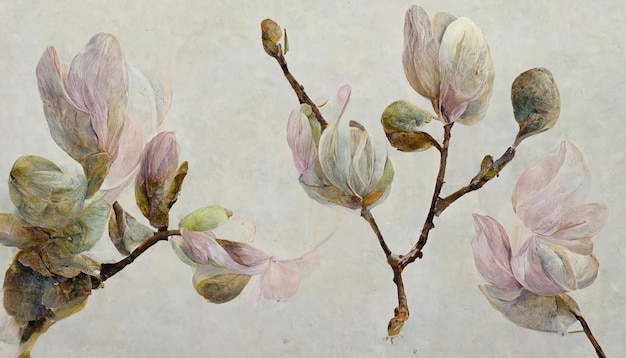 Set von Magnolienzweigen mit blühenden Blumen, moderne minimalistische Kunst Generative Ai