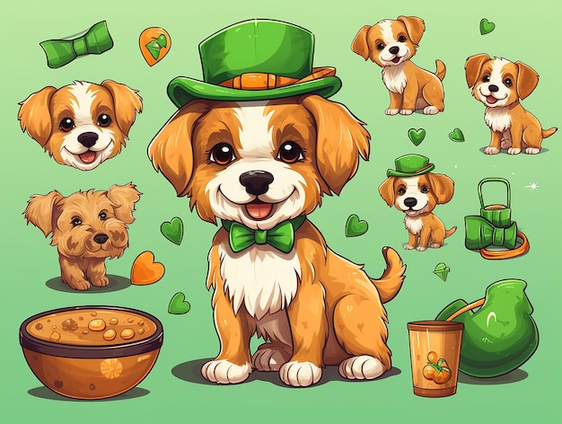 Set von niedlichen Hunden, die Kostüme für den St. Patrick's Day tragen