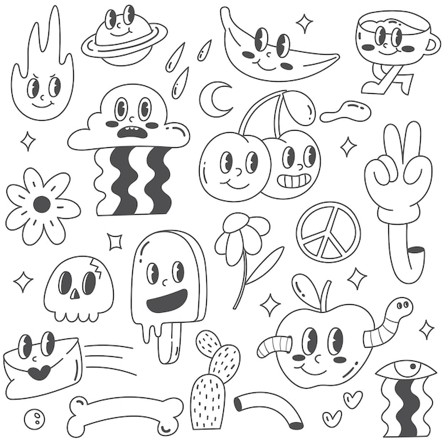 Foto set von retro-cartoon-charaktere doodle line art