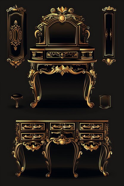 Set von Royal Vanity Tables 8 Bit Pixel mit detaillierten Schnitzereien und G Game Asset Collage Art Design