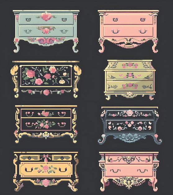 Set von Shabby Chic Dressers 8 Bit Pixel mit Blumenmustern und La Game Asset Collage Art Design